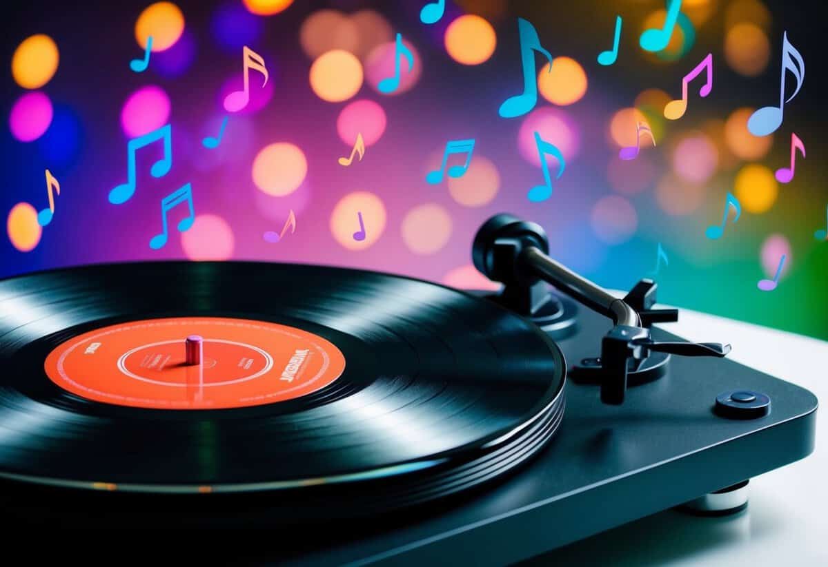 A heart-shaped vinyl record spins on a turntable, surrounded by colorful musical notes and swirling patterns