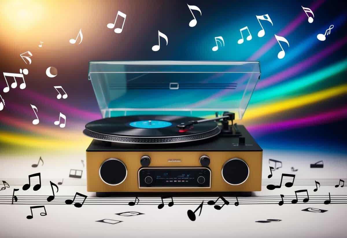 A vintage record player with a vinyl spinning, surrounded by scattered music notes and a colorful spectrum of sound waves