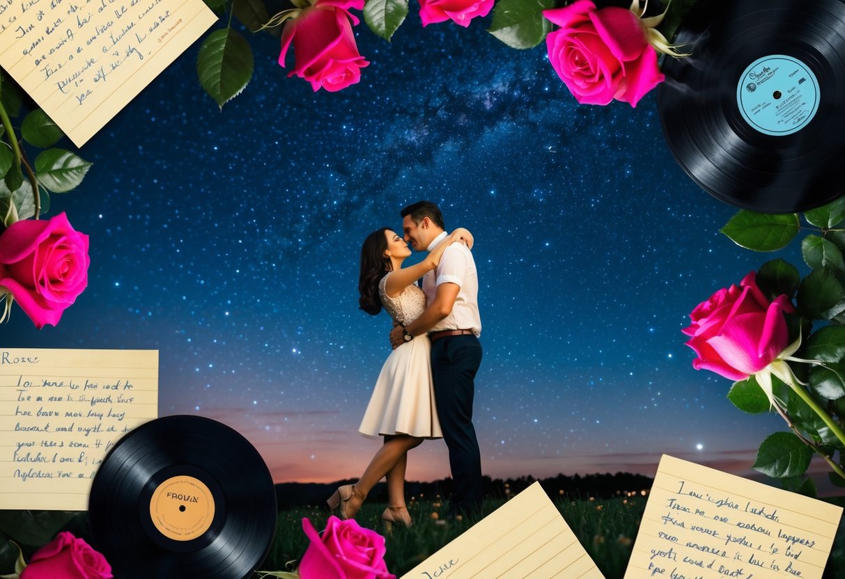 A couple embracing under a starry sky, surrounded by iconic symbols of love from the past 50 years - roses, vinyl records, and handwritten love notes