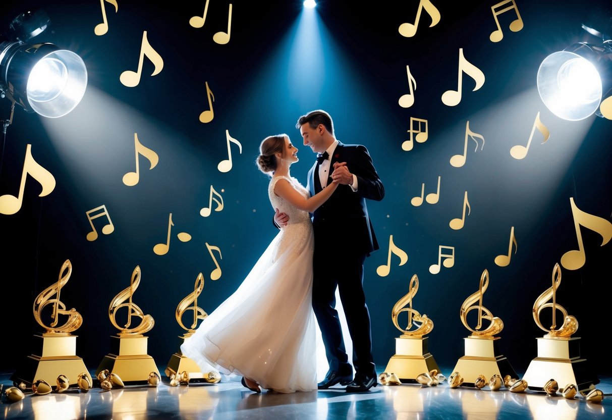 A couple slow dancing under a spotlight, surrounded by a collection of golden music notes and heart-shaped awards
