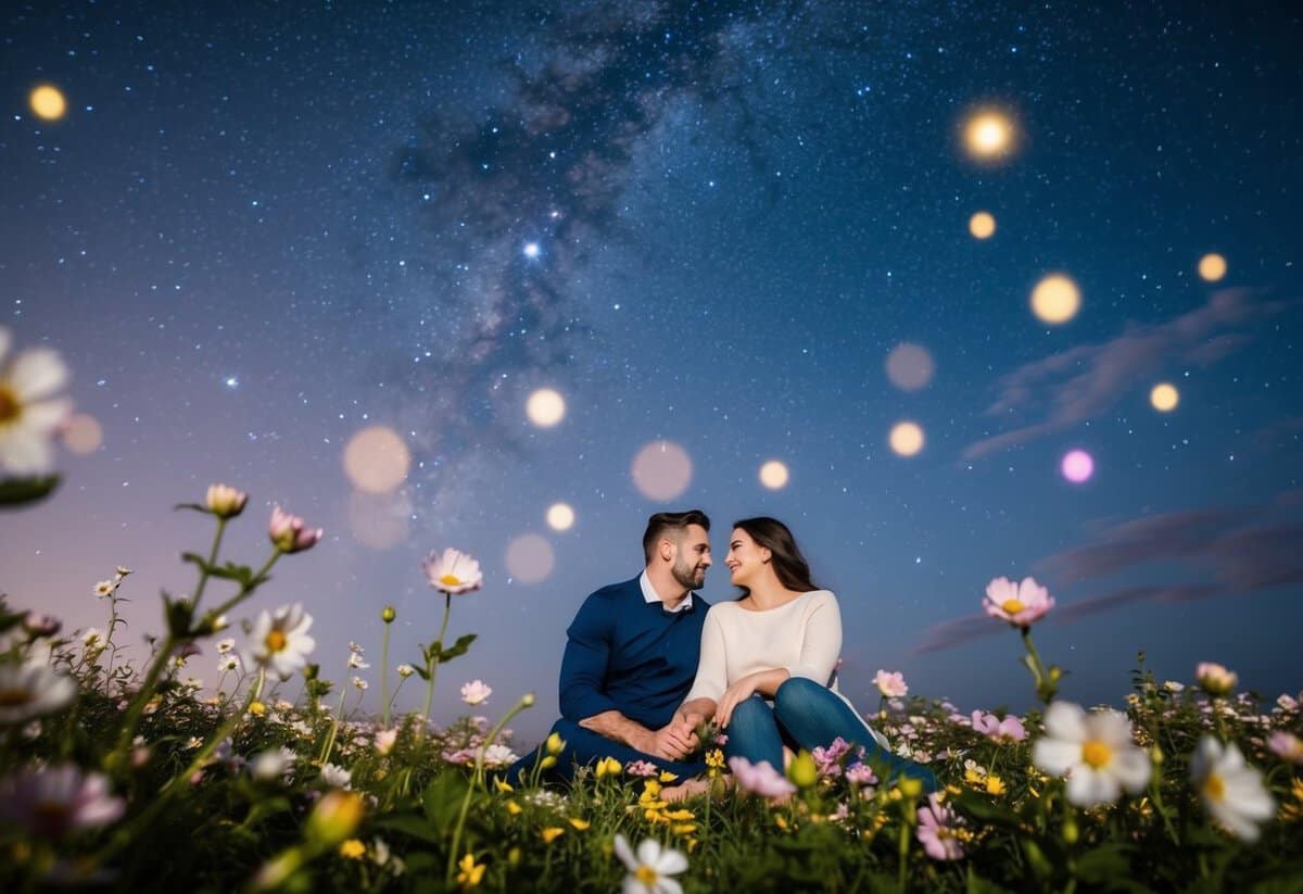 A couple sits under a starry sky, surrounded by blooming flowers, as a gentle breeze carries the soft melody of a love song