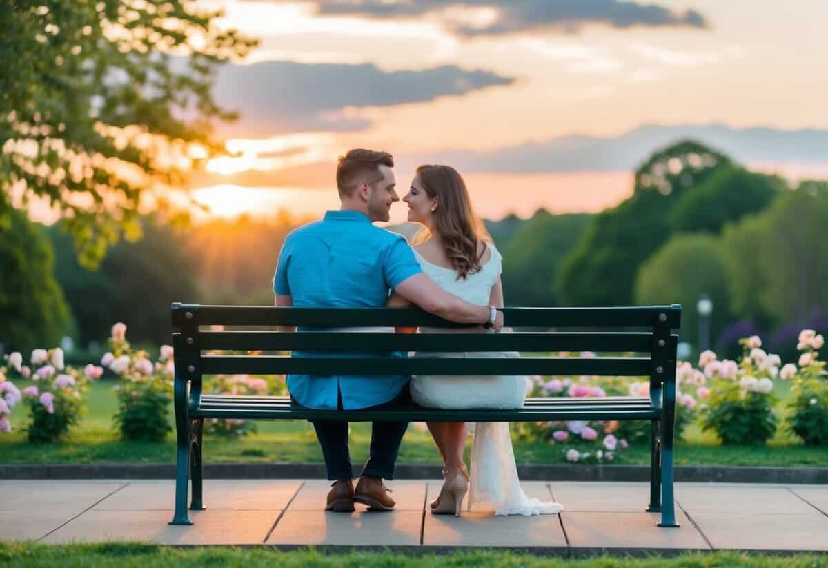 A couple sits on a park bench, surrounded by blooming flowers and a gentle breeze. The sun sets behind them as they listen to romantic songs from 'A Love So Beautiful.'