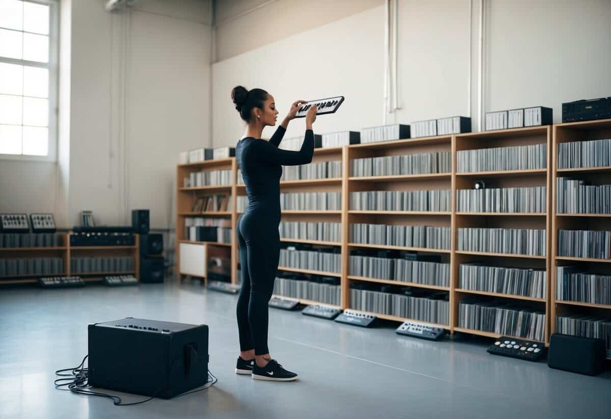 A choreographer stands in a spacious dance studio, surrounded by shelves of music. They carefully listen to different tracks, searching for the perfect floor music
