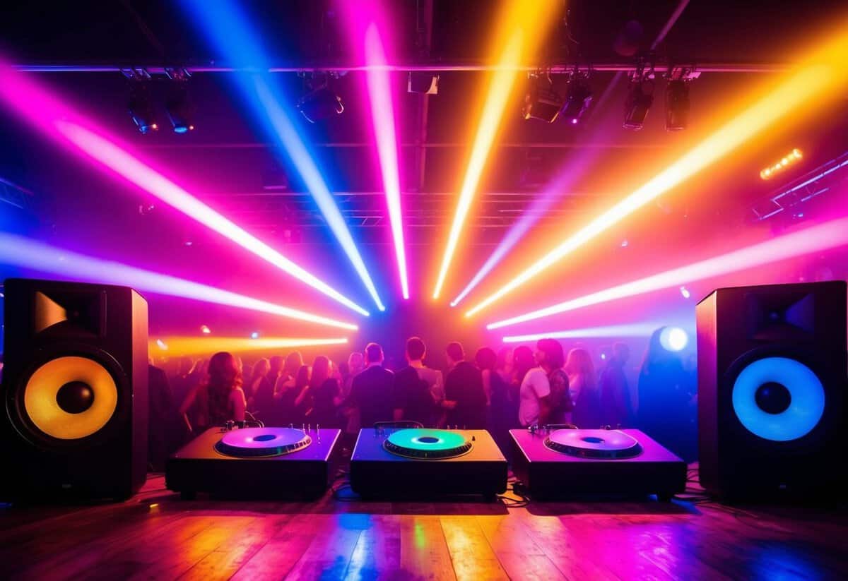 Colorful lights flash on the dance floor as the music pumps through the speakers, creating a vibrant and energetic atmosphere