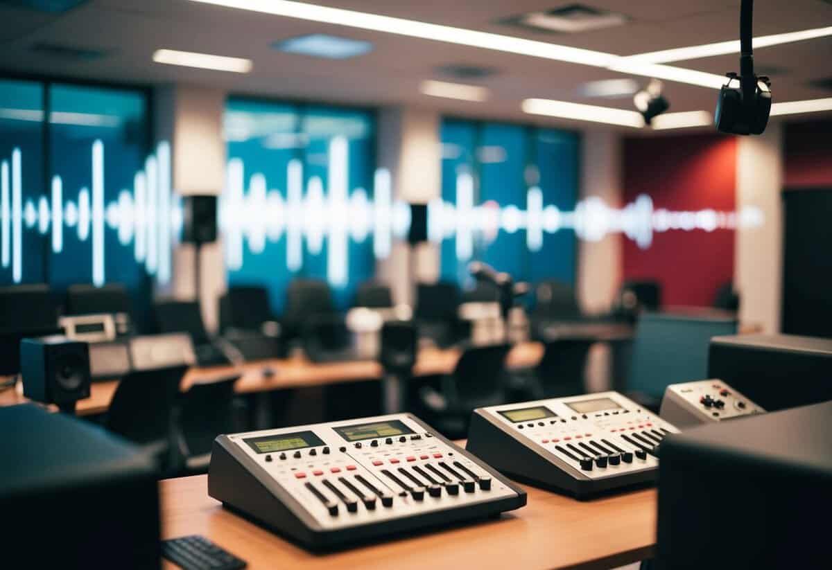 A bustling radio studio with sound waves emanating from speakers