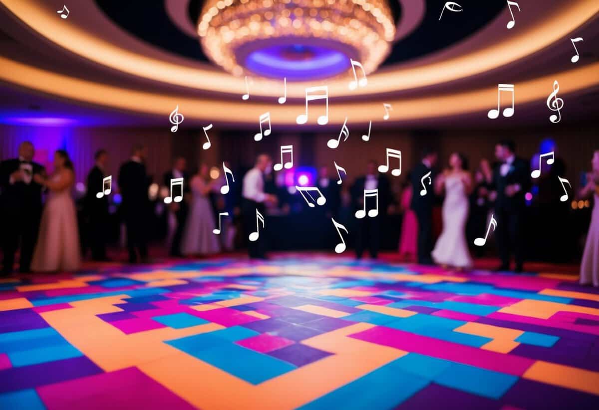 A colorful dance floor with swirling music notes floating in the air, drawing guests to the center