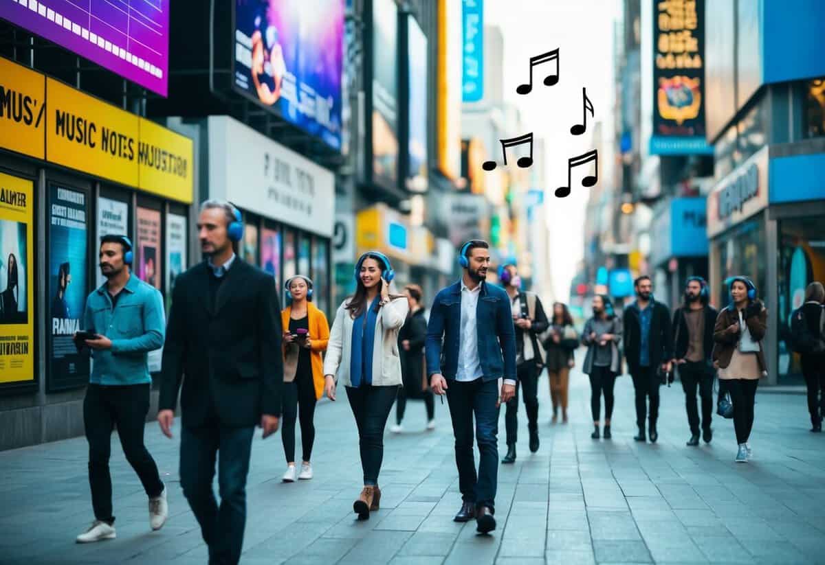 A bustling city street with colorful billboards and music posters lining the walls, people walking by with headphones on, and music notes floating in the air