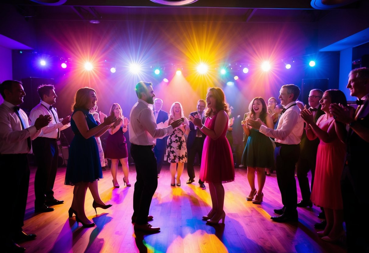 Colorful lights flash as music fills the air. Guests form a circle, swaying and clapping to the beat. Laughter and joy fill the room