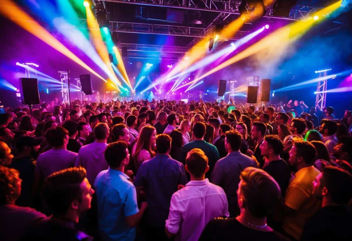 A crowded dance floor pulsing with colorful lights, speakers thumping to the beat of an energetic song