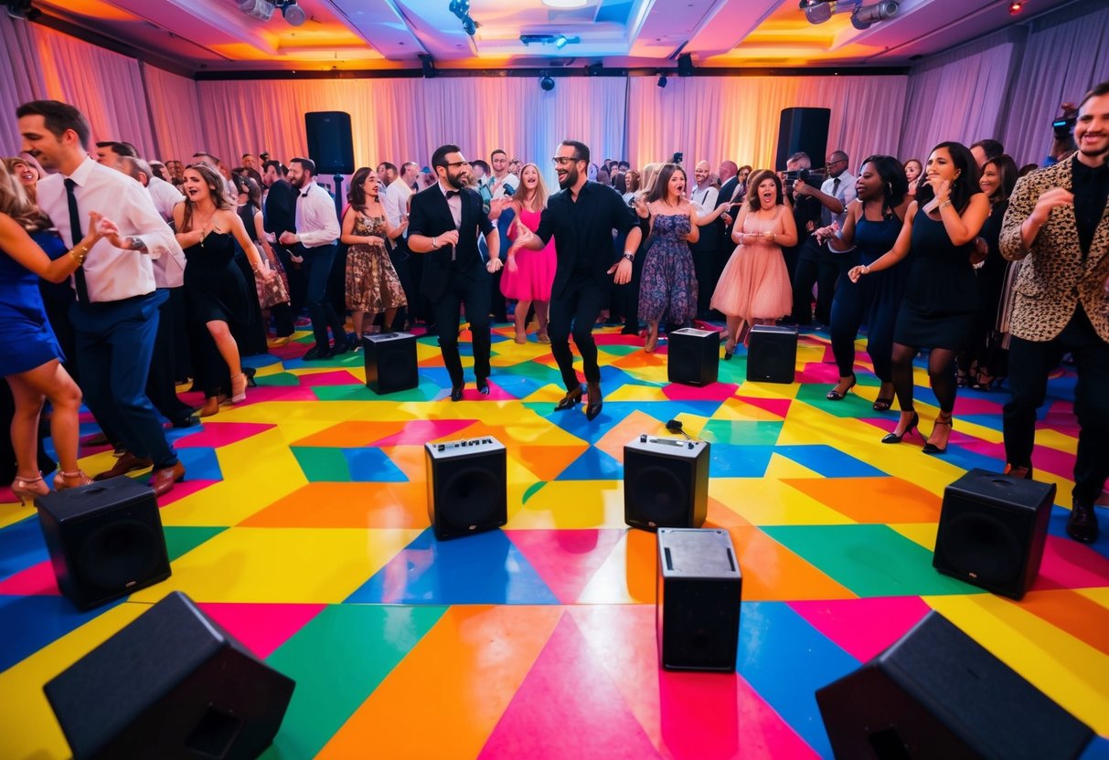 A colorful dance floor filled with diverse musical instruments and speakers, surrounded by joyful guests moving to the beat