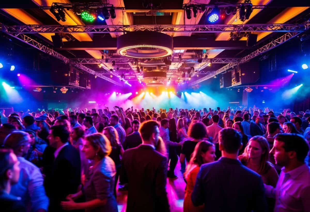 A crowded dance floor with colorful lights and people moving to the rhythm of an upbeat song