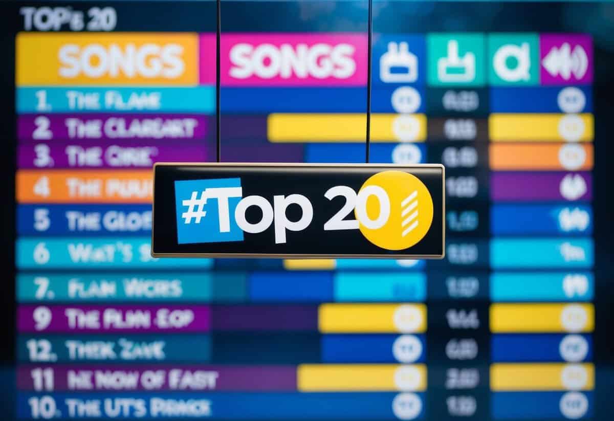 A colorful chart displaying the UK's top 20 songs, with vibrant graphics and symbols representing each song's popularity