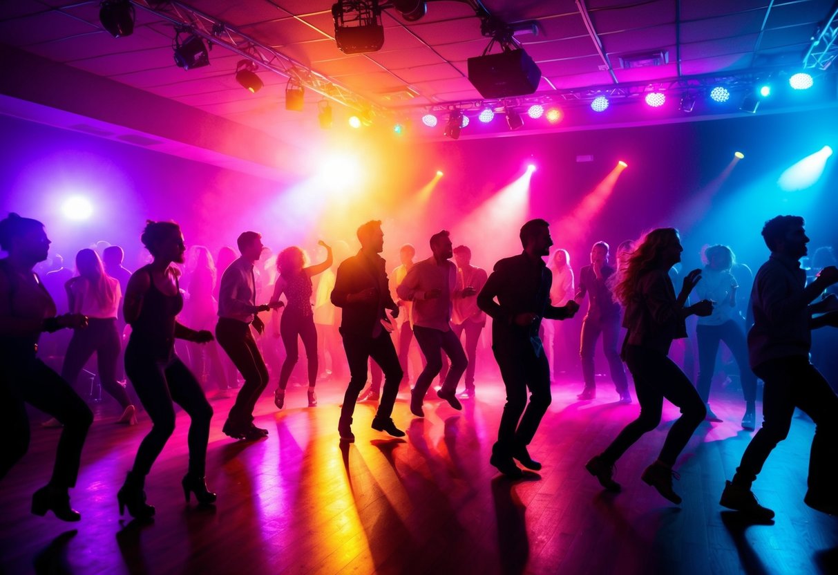 Colorful lights flash as music fills the room. Bodies sway and jump to the beat, creating a lively and energetic atmosphere
