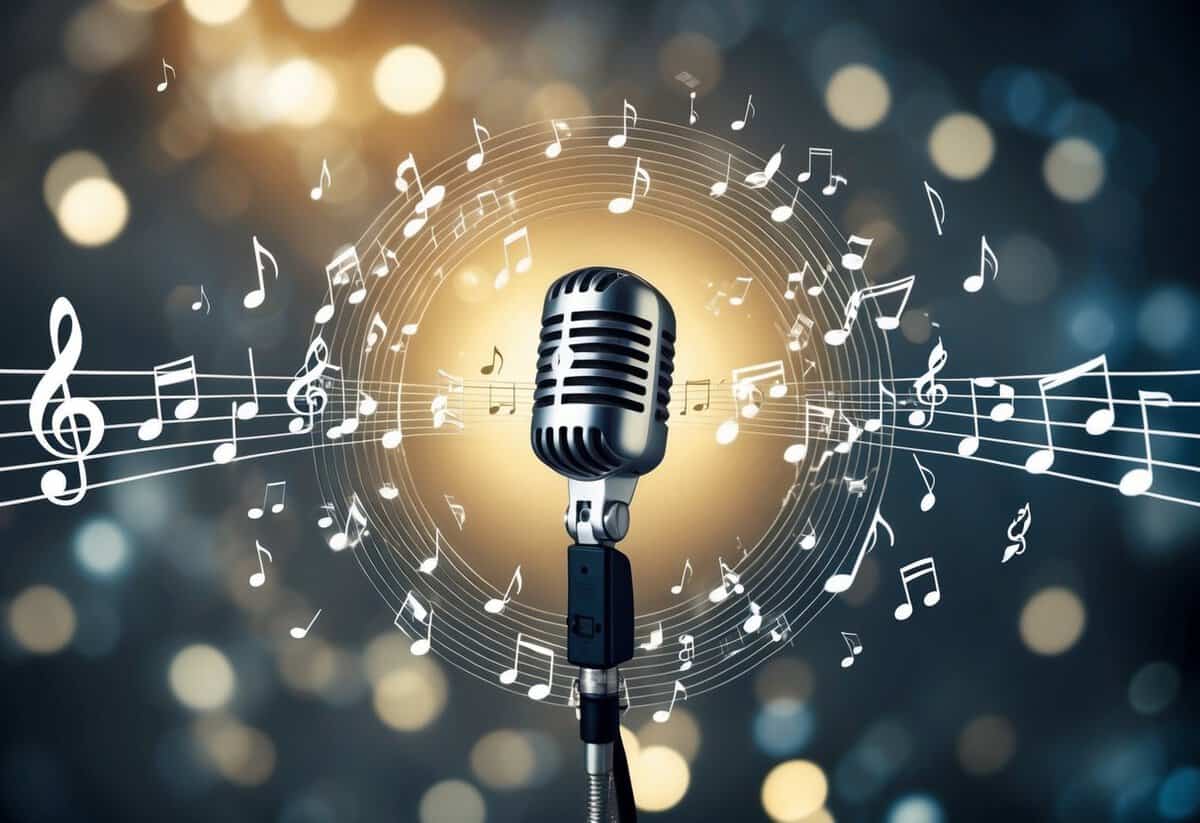 A microphone surrounded by a multitude of musical notes and sound waves, symbolizing the most recorded song of all time