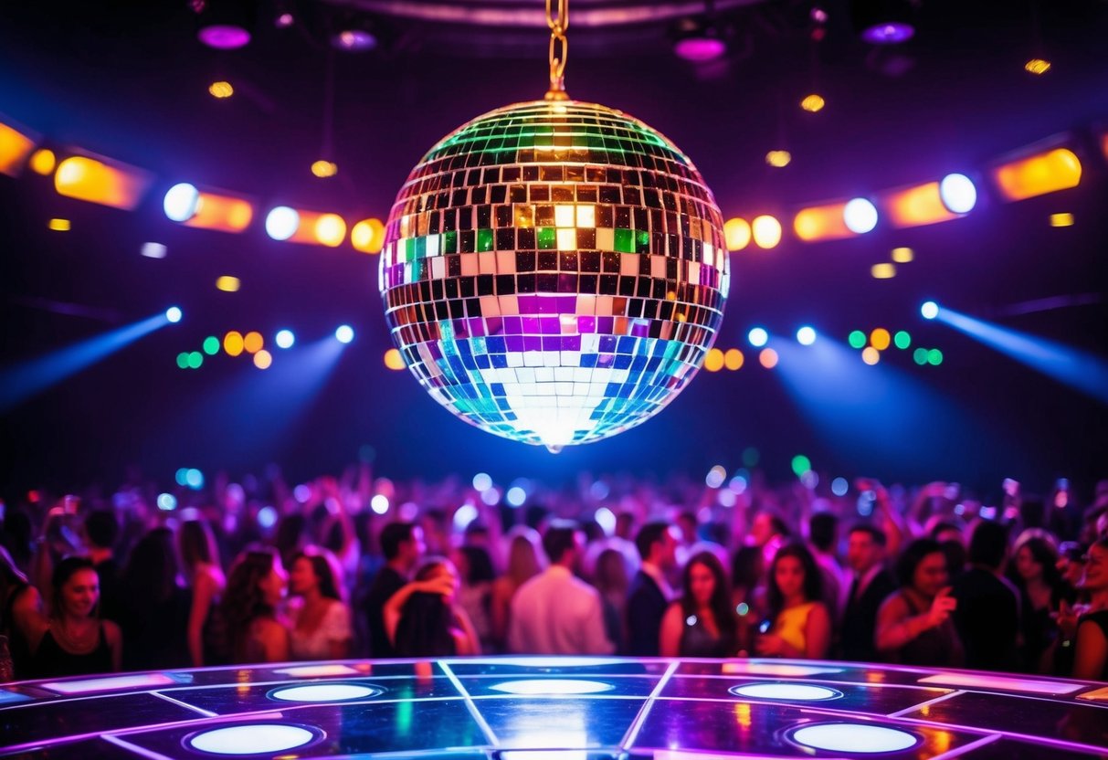 A colorful disco ball spinning above a crowded dance floor, with flashing lights and pulsing music filling the air