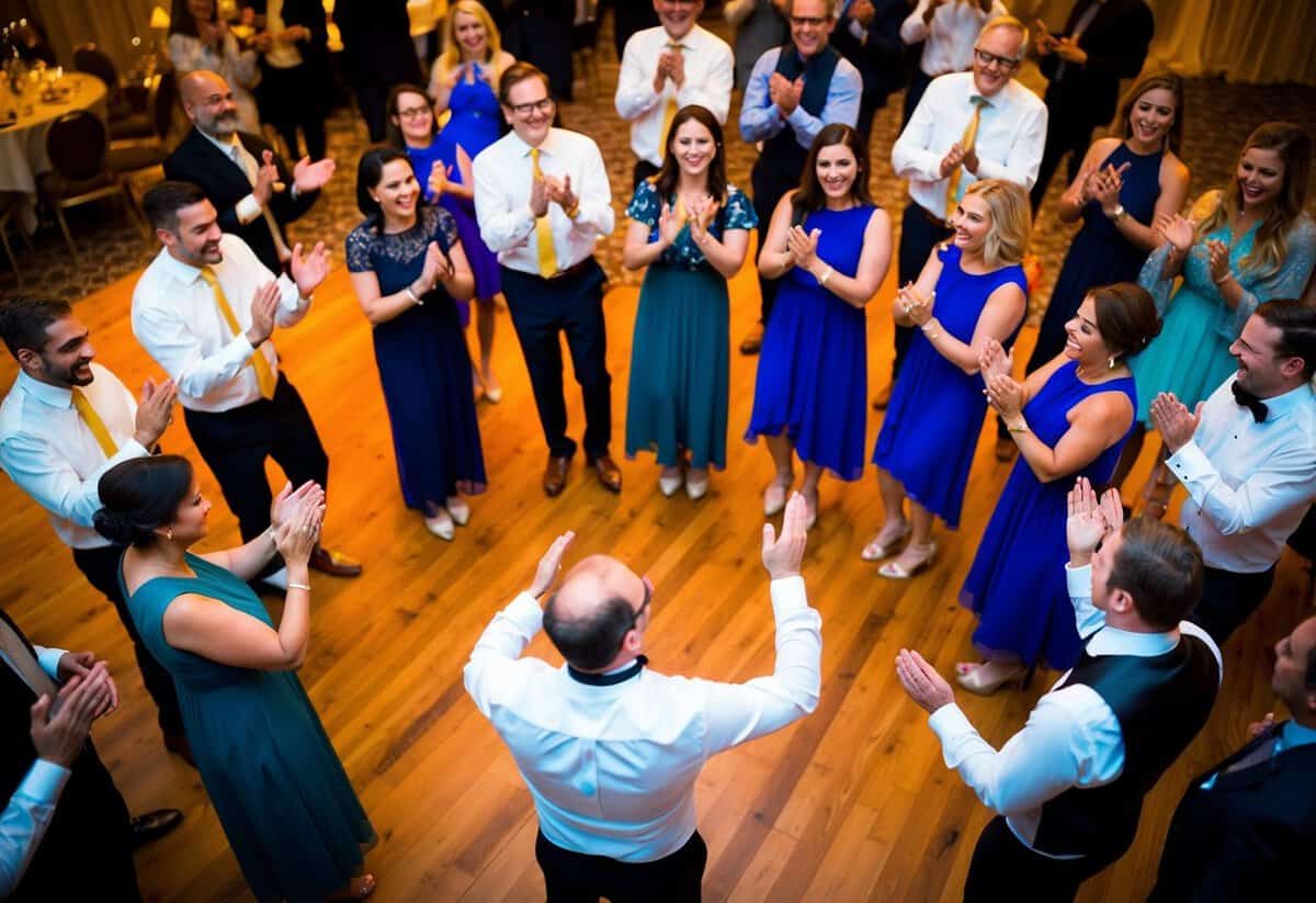 Guests form a circle, clapping and swaying to lively music. The atmosphere is festive and joyful as they move in unison