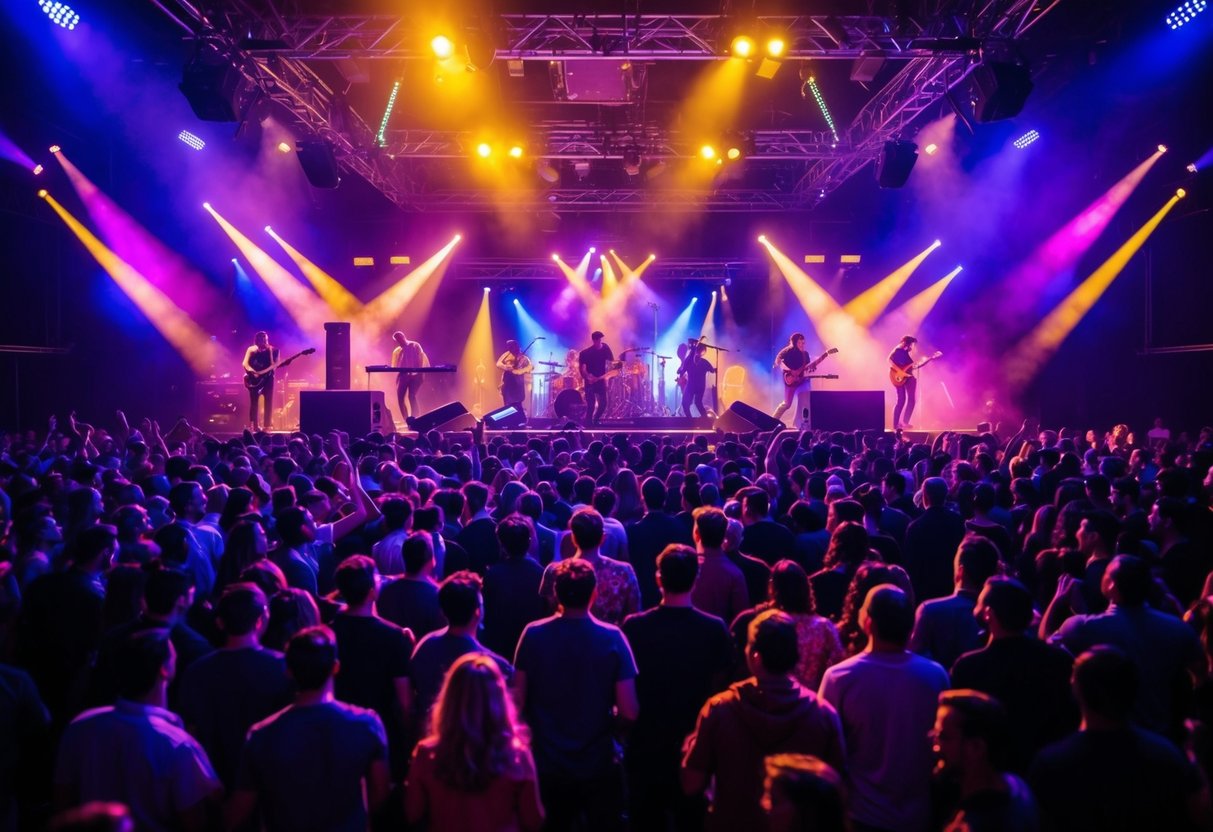 A crowded dance floor pulsing with colorful lights and booming music, as a DJ and live musicians perform on stage, energizing the crowd