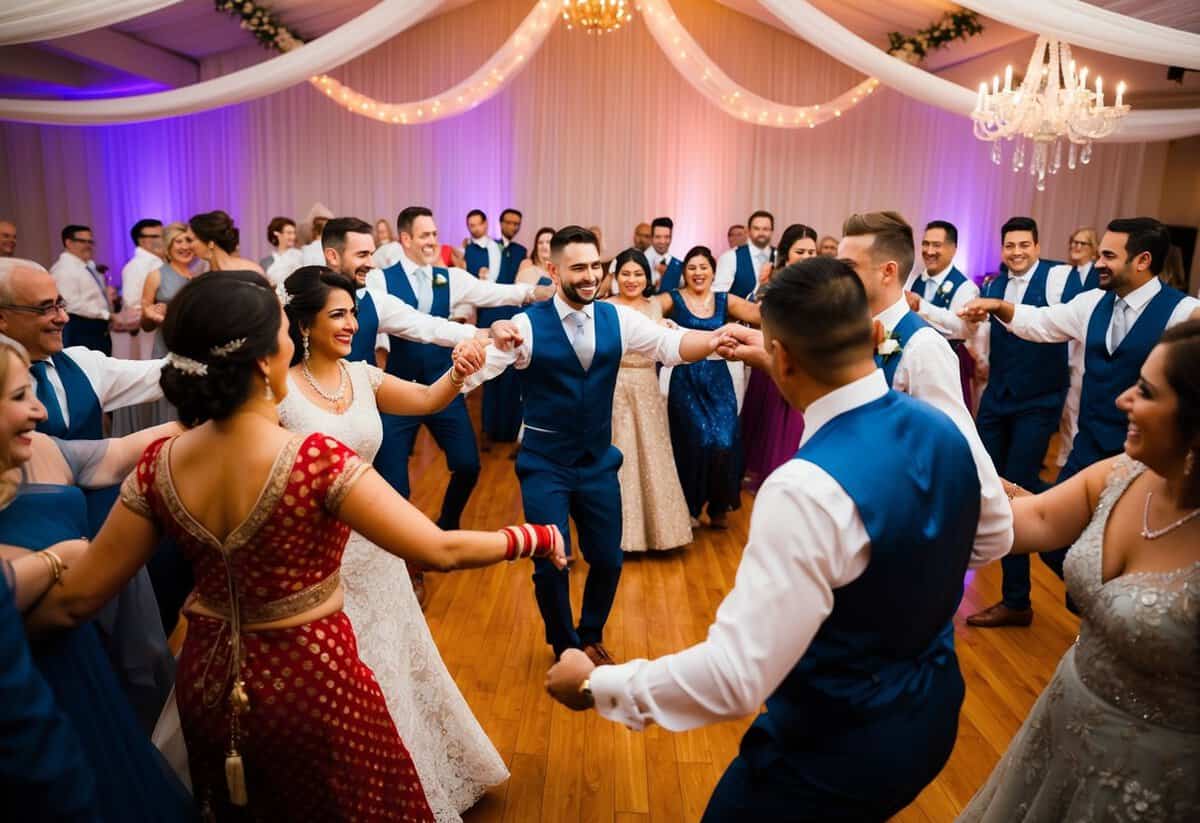Guests form a circle, linking arms and swaying to the music, celebrating with the traditional wedding dance