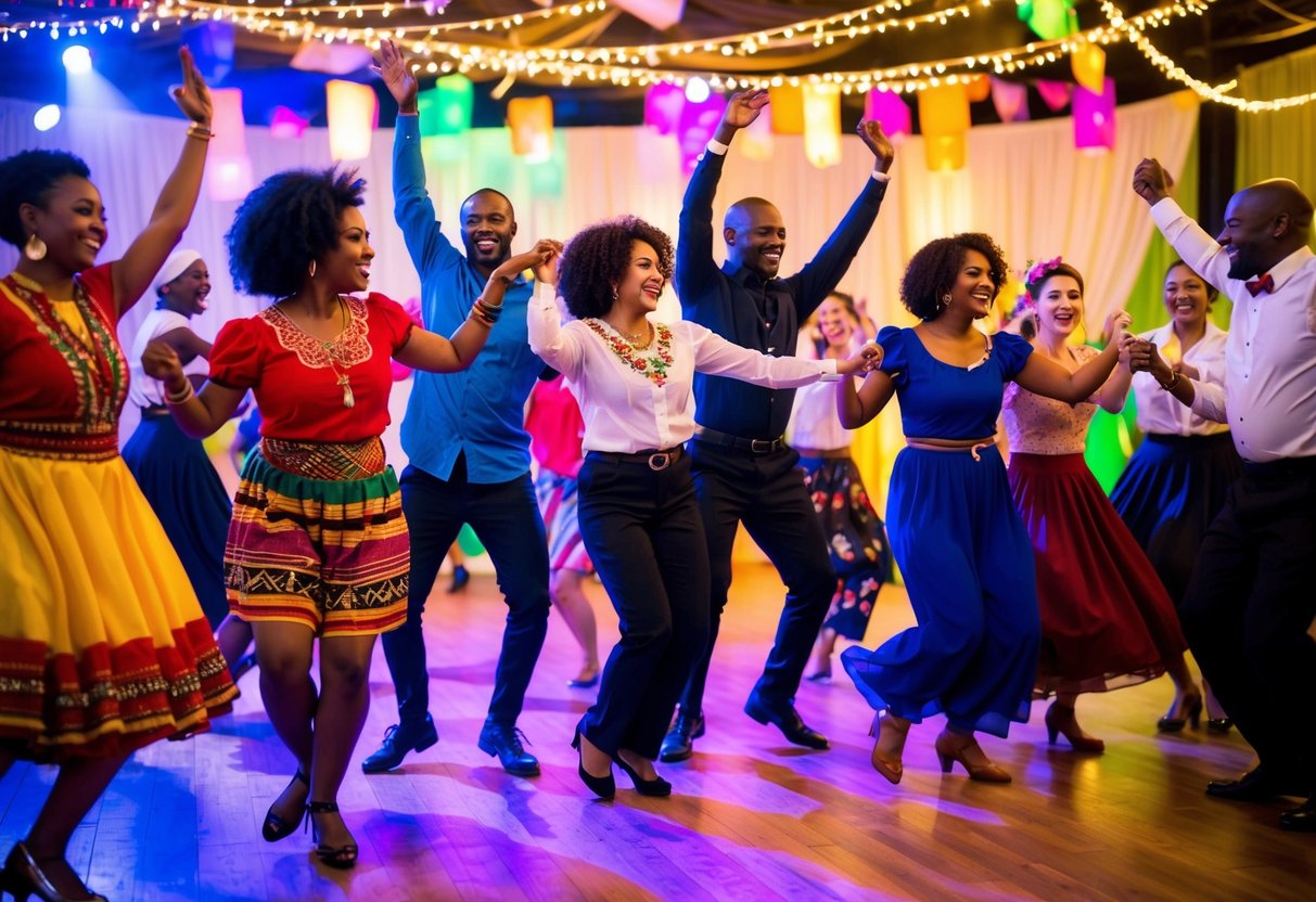 A diverse group of people from different cultures dancing together in a vibrant and energetic atmosphere, with music and colorful decorations adding to the festive ambiance