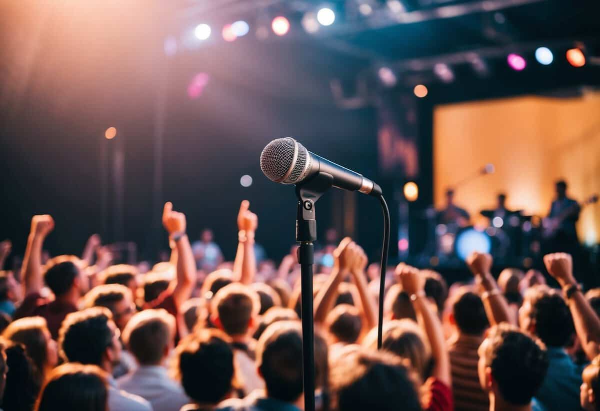 A stage with a microphone and musical instruments, surrounded by a cheering crowd