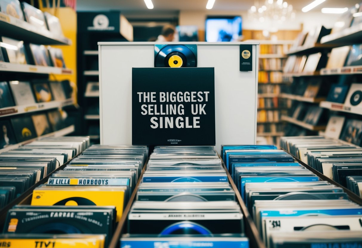 A crowded music store with a display of records and CDs, featuring the biggest selling UK single of all time