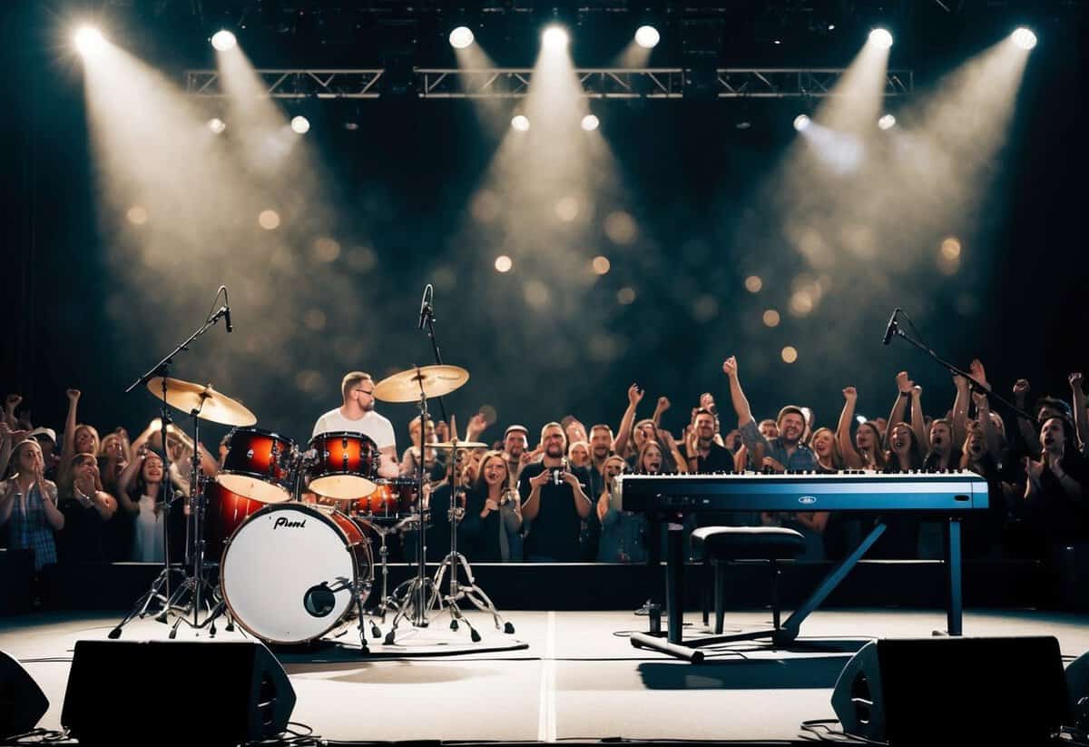 A stage with spotlights shining on a collection of musical instruments, including a drum set, guitars, and a keyboard, surrounded by cheering fans