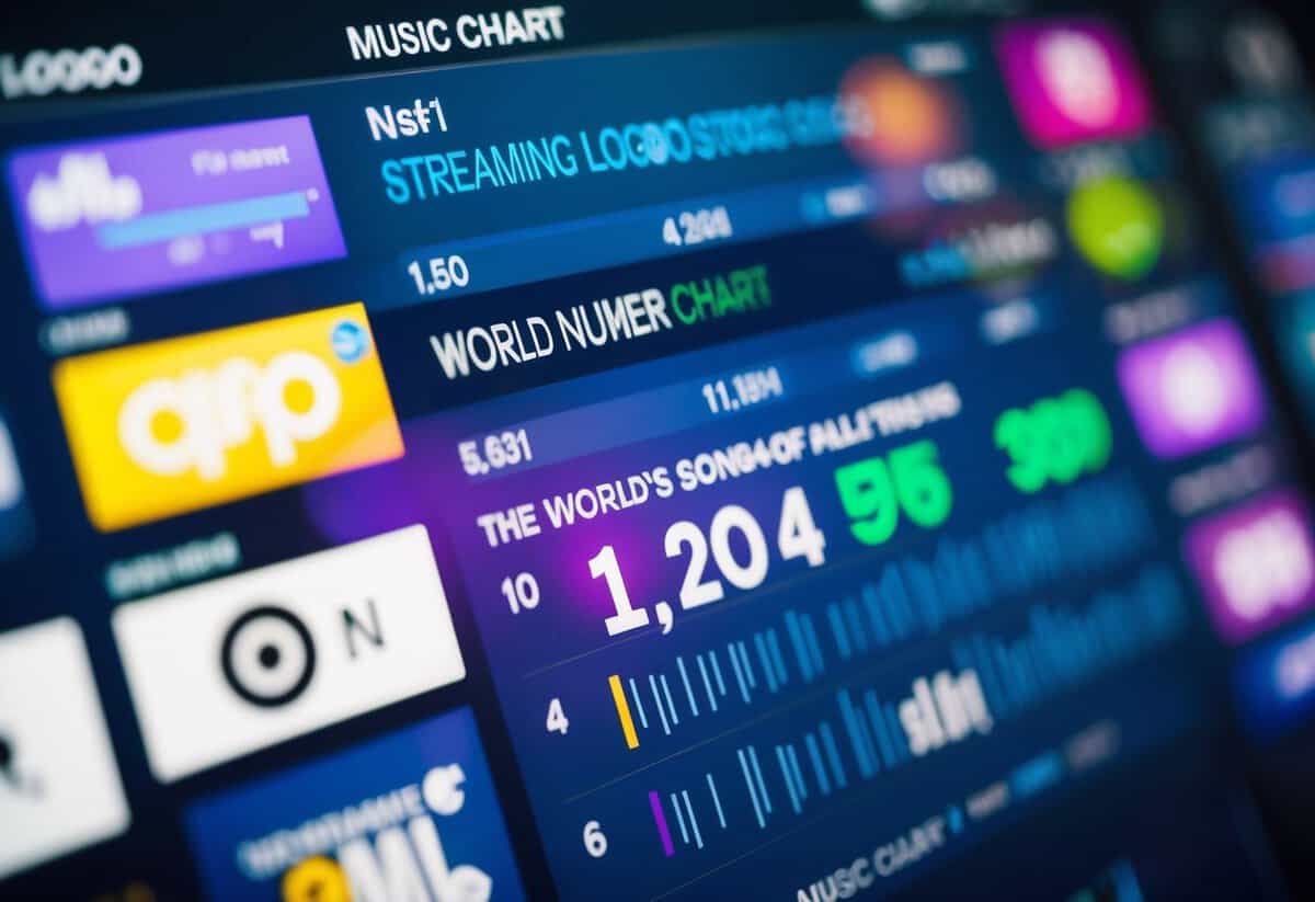 A digital music chart with streaming logos and sales data, displaying the world's number one song of all time