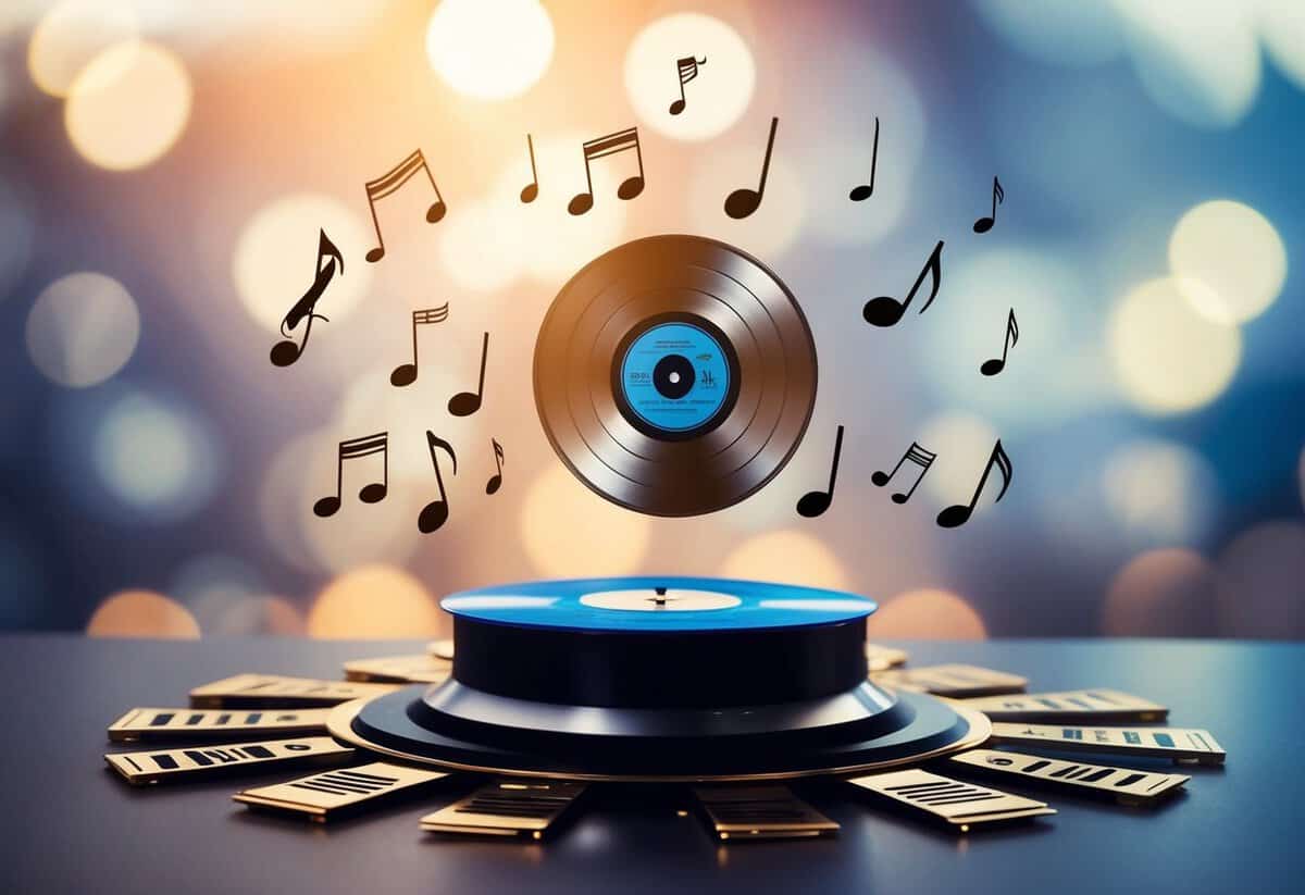 A record-breaking chart-topping hit surrounded by musical notes and accolades