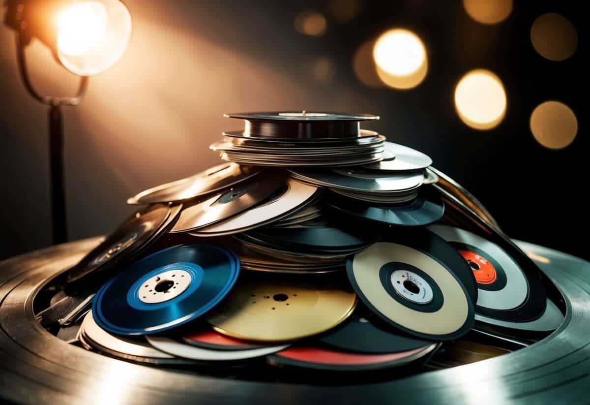 A pile of broken records surrounded by a spotlight