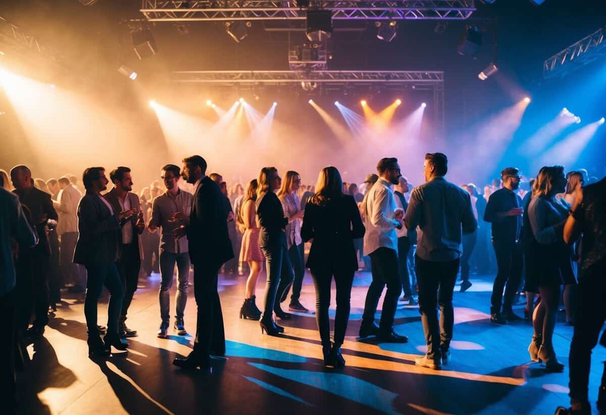 A crowded dance floor with people standing on the sidelines, chatting and watching, while the music plays and lights flash