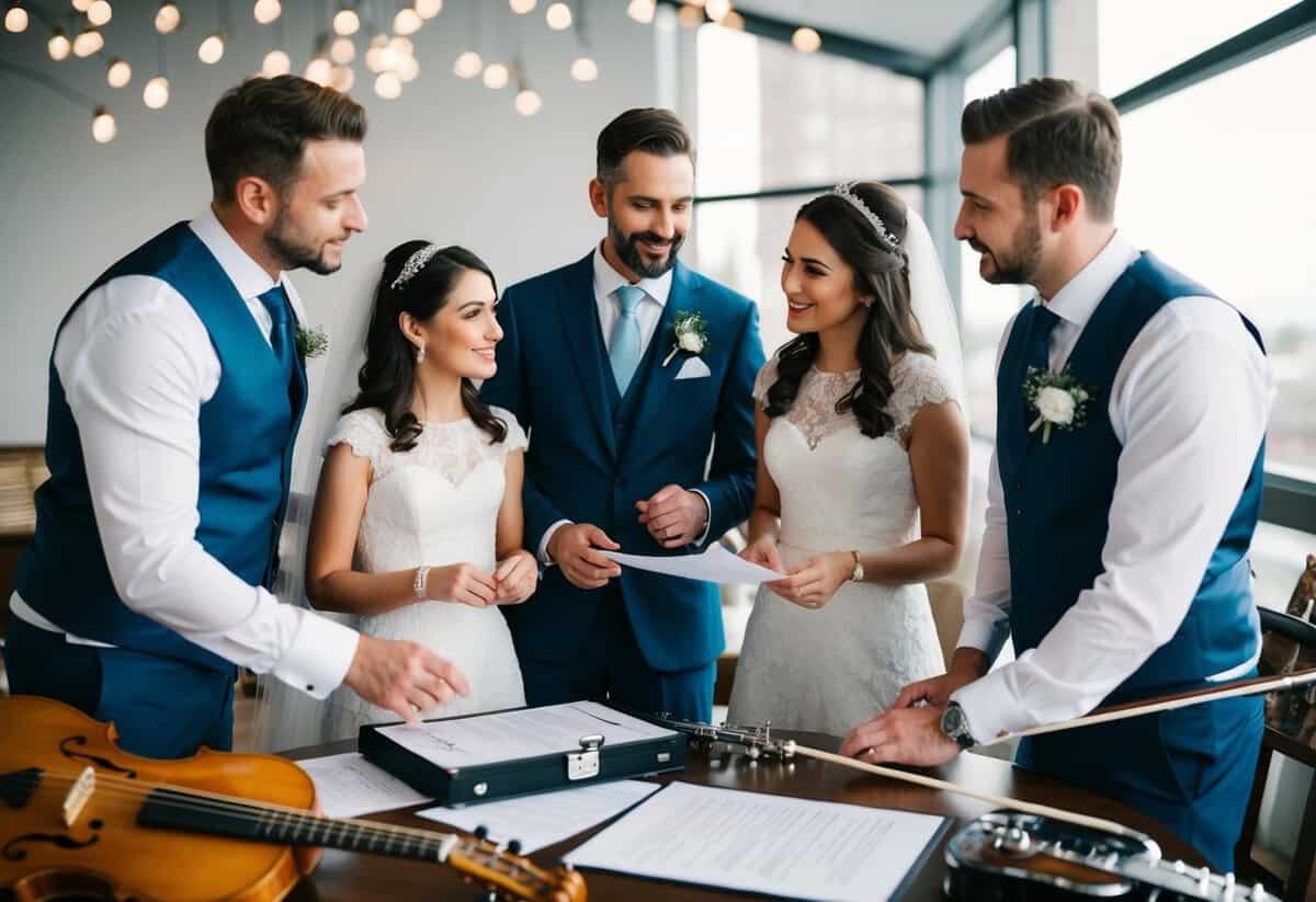 A couple and their families discussing wedding details with a musician, surrounded by instruments and a contract on a table