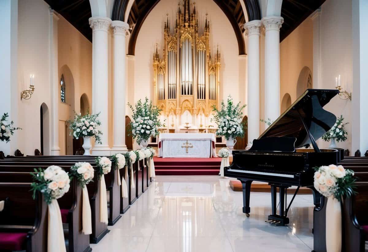 A grand church aisle with floral decorations, leading to a majestic altar adorned with elegant drapery and a gleaming grand piano