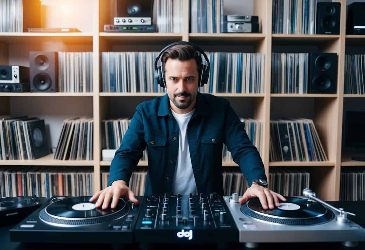 A DJ surrounded by shelves of vinyl records and digital music files, with headphones on and a turntable in front