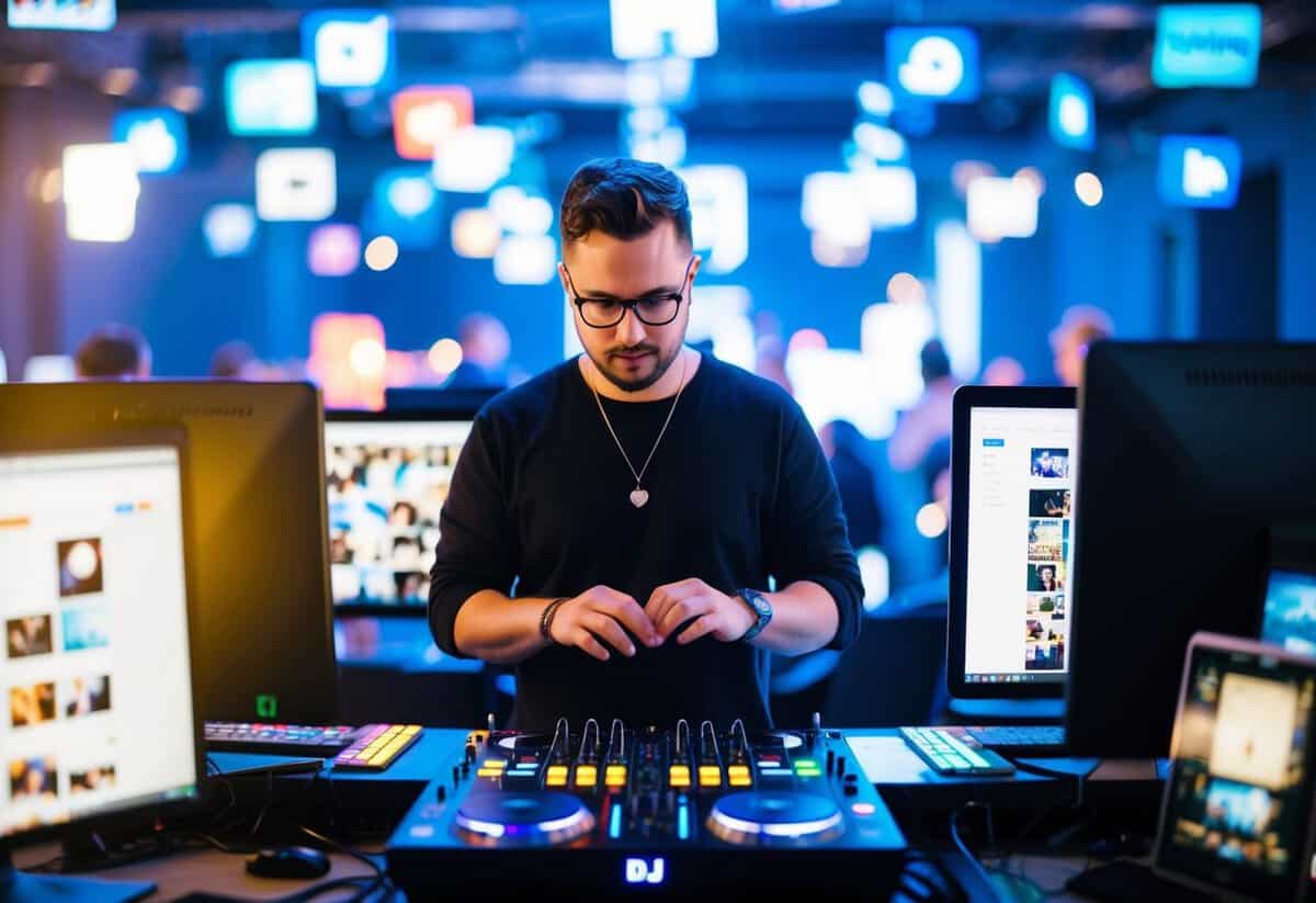 A DJ surrounded by computer screens, browsing through various social media and online communities to discover and download new songs for their set