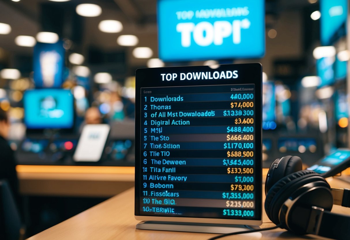 A bustling digital music store with a glowing "Top Downloads" chart displaying the most downloaded song of all time
