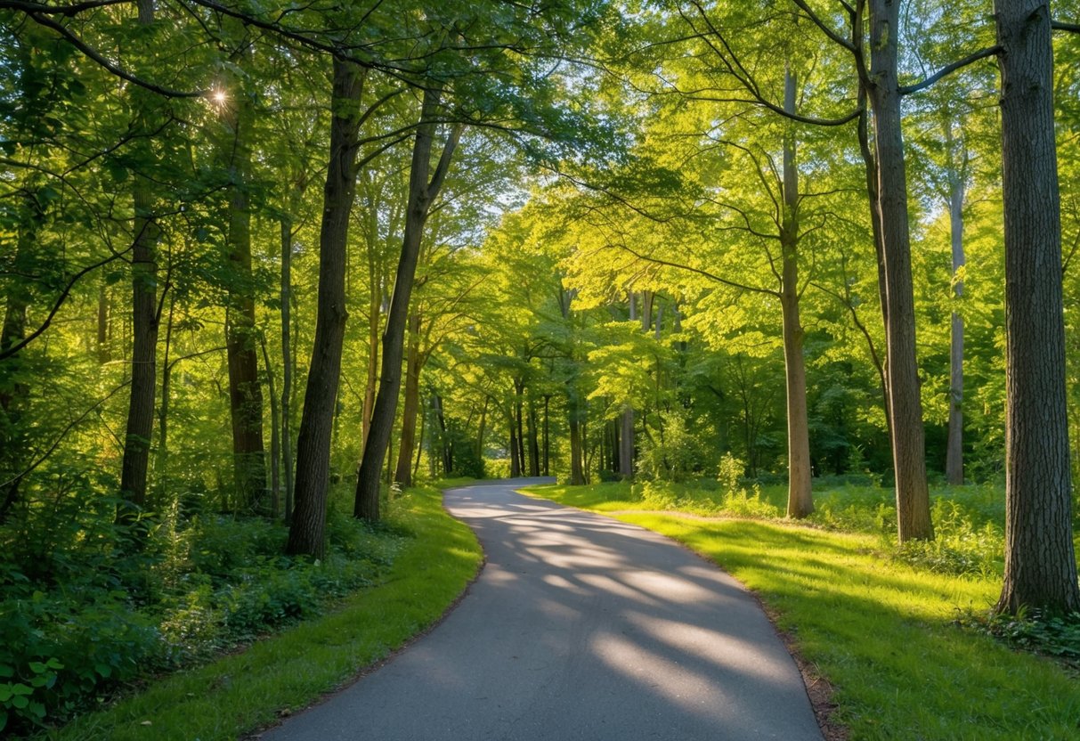 A winding path through a sunlit forest, with dappled light filtering through the trees and a gentle breeze rustling the leaves