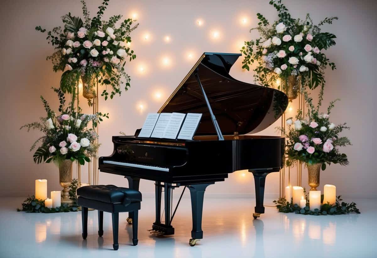 A grand piano with a sheet music stand, surrounded by elegant floral arrangements and soft candlelight