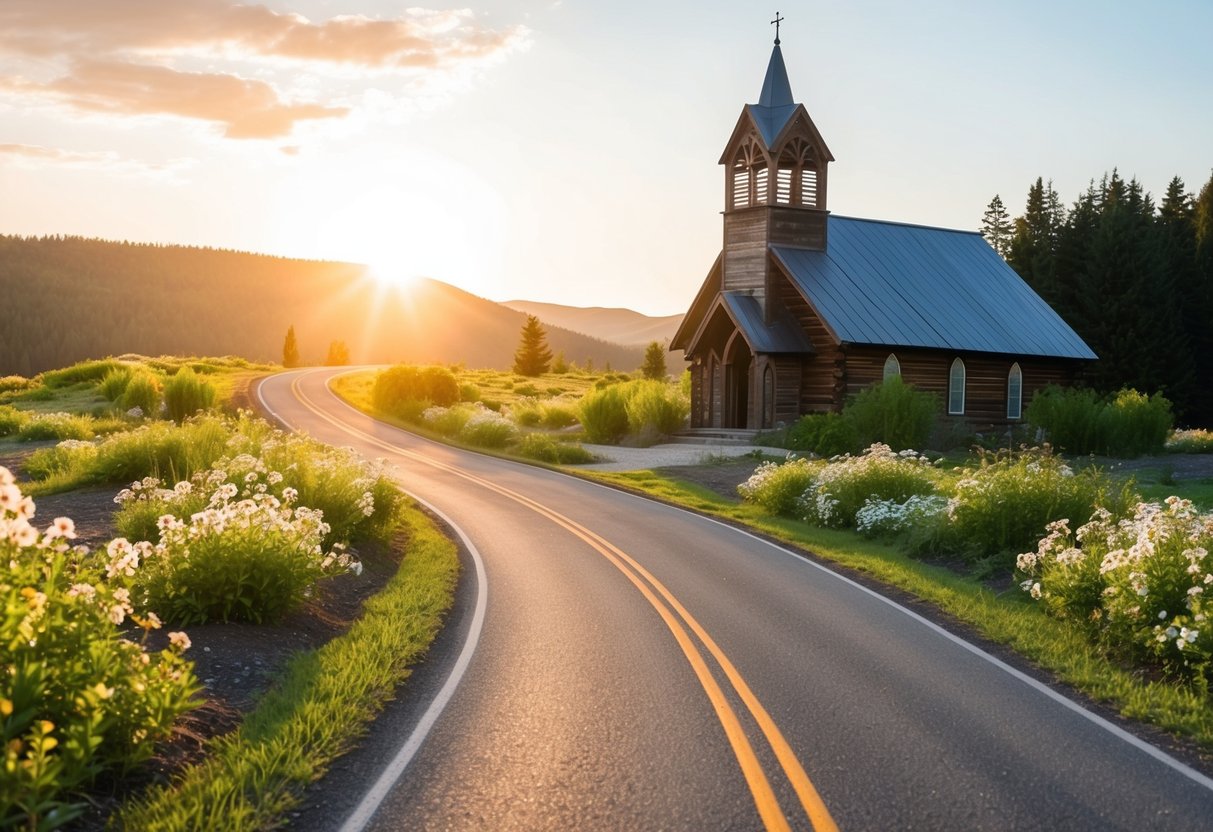 A winding road leading to a rustic chapel, surrounded by blooming wildflowers and bathed in warm sunlight
