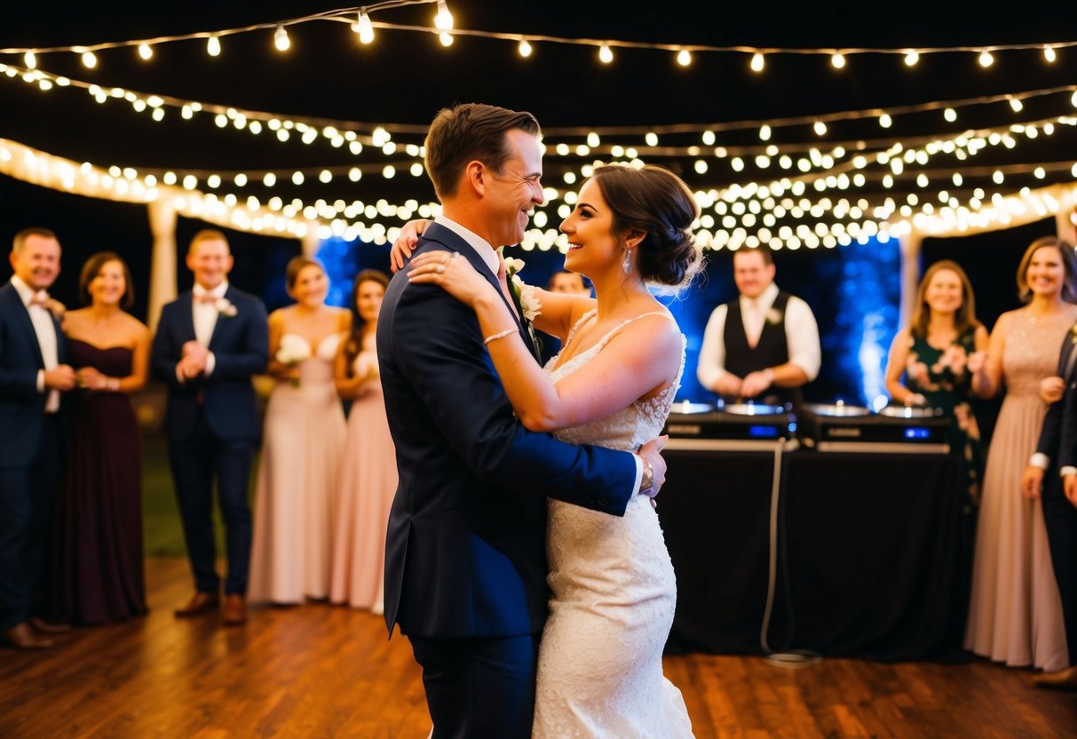 A couple dancing under a string of twinkling lights, surrounded by friends and family, with a DJ spinning records in the background