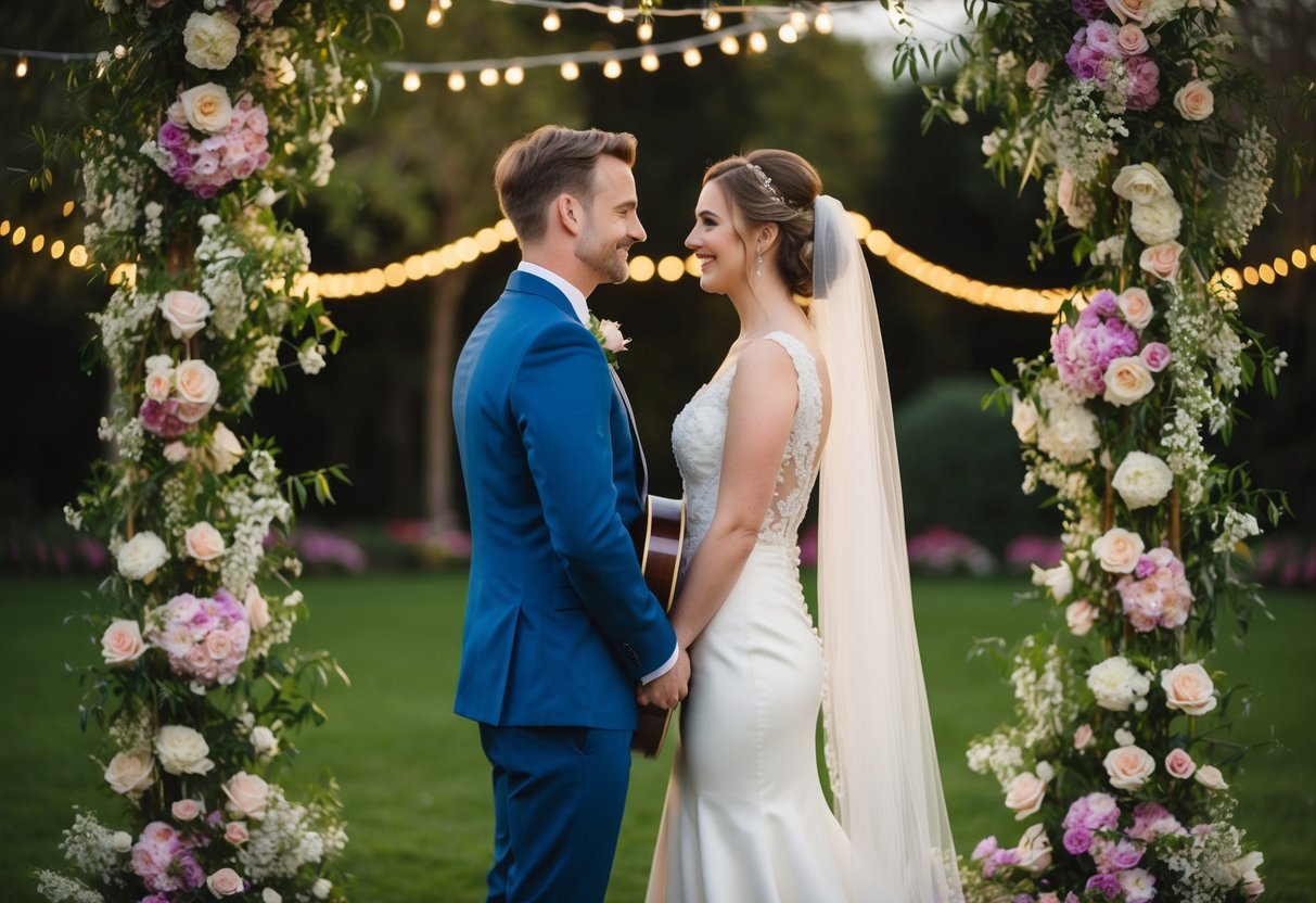 A bride and groom stand facing each other, surrounded by blooming flowers and twinkling lights, as a musician plays a romantic song on a guitar