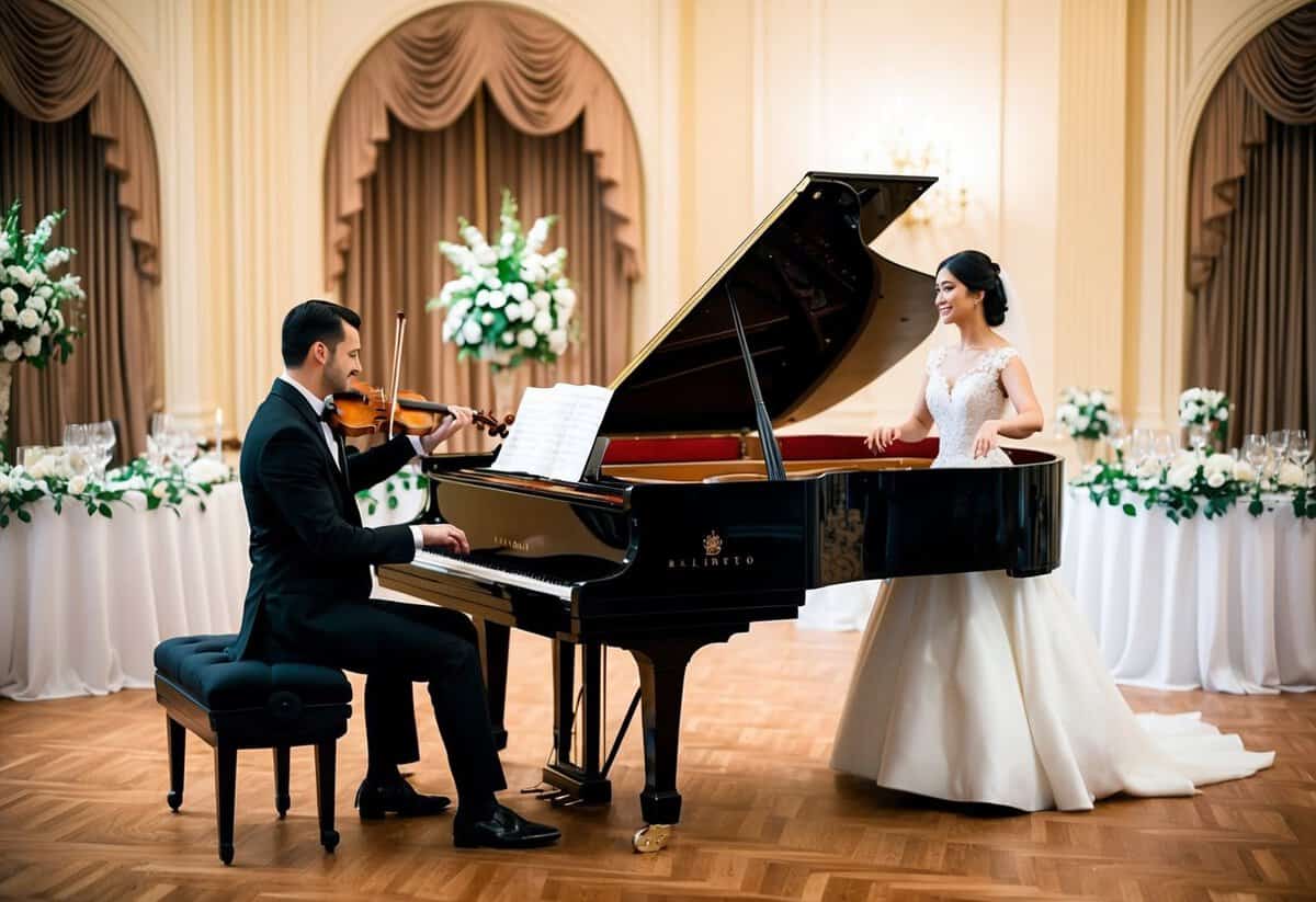 A grand piano in a ballroom, adorned with flowers, as a violinist plays a romantic classical melody for a bride and groom