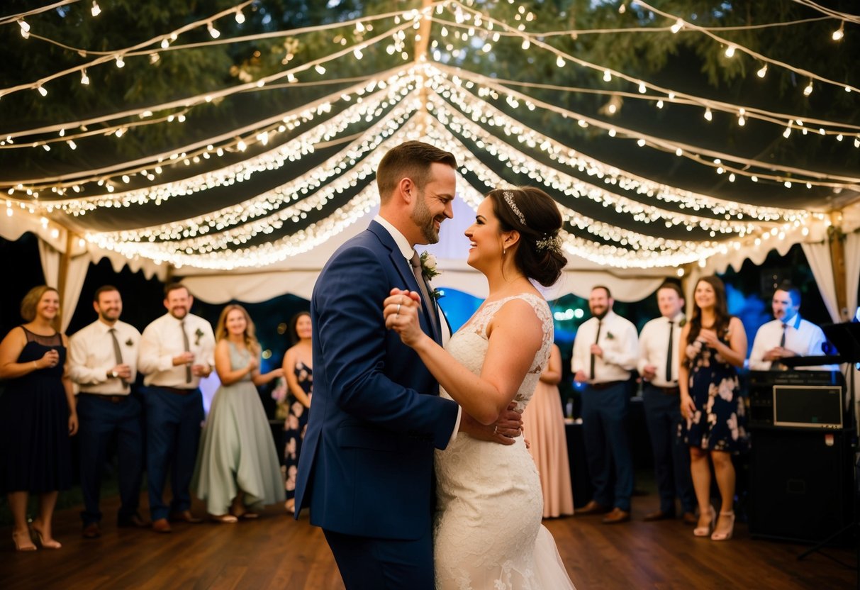 A couple dances under a canopy of twinkling lights, surrounded by friends and family, as a live band plays non-traditional wedding music