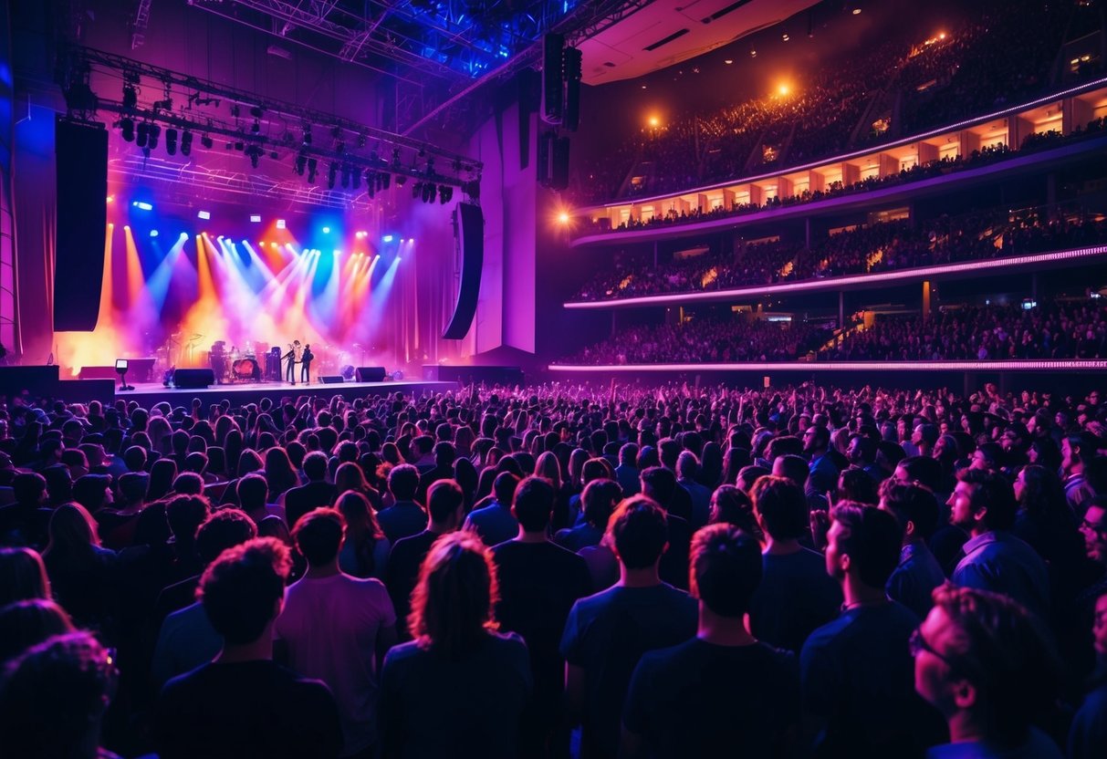 A crowded concert hall with a stage and a pulsating crowd, illuminated by colorful lights and filled with music