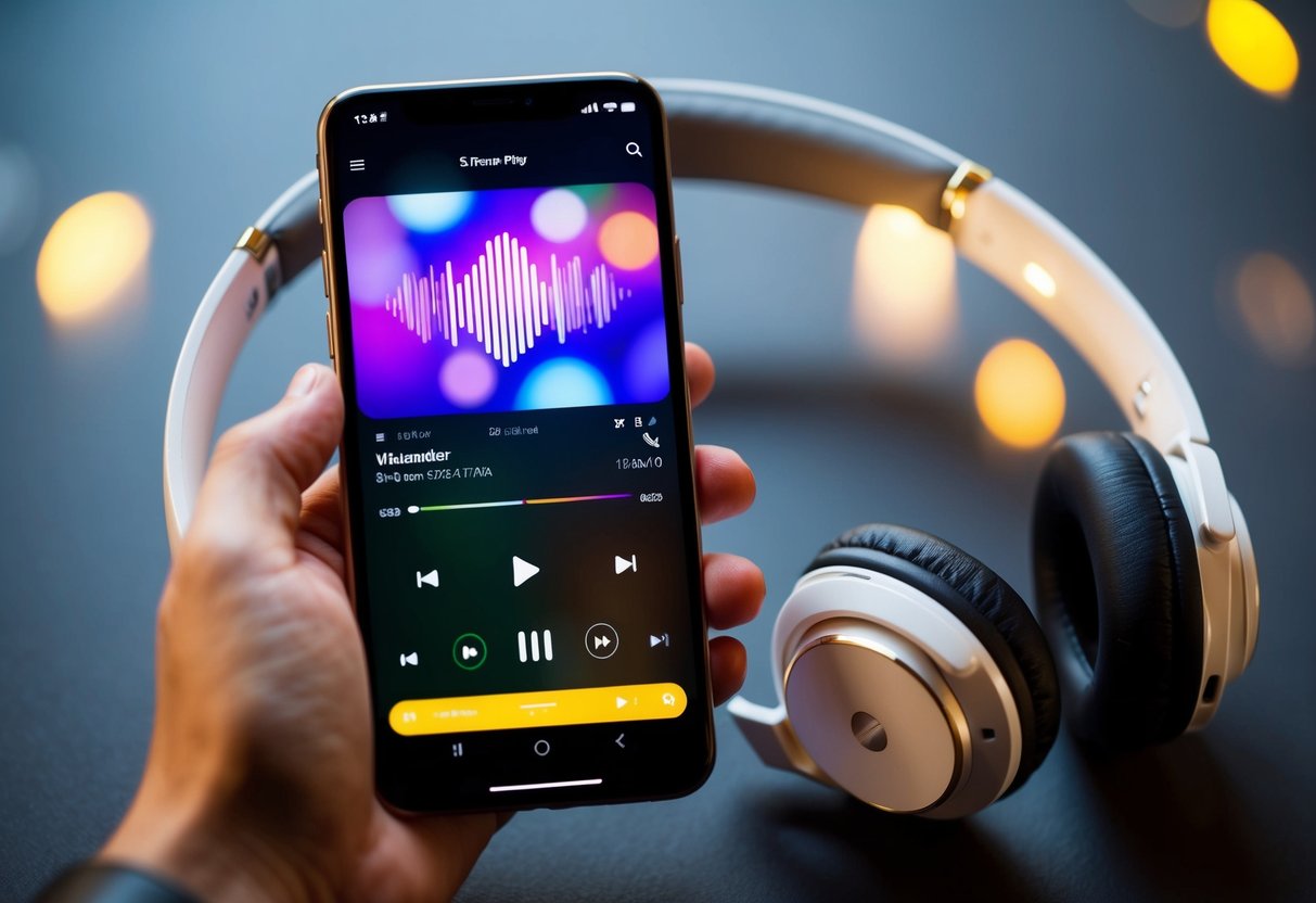 A smartphone connected to a pair of wireless headphones, playing music from a streaming app with a colorful visualizer on the screen
