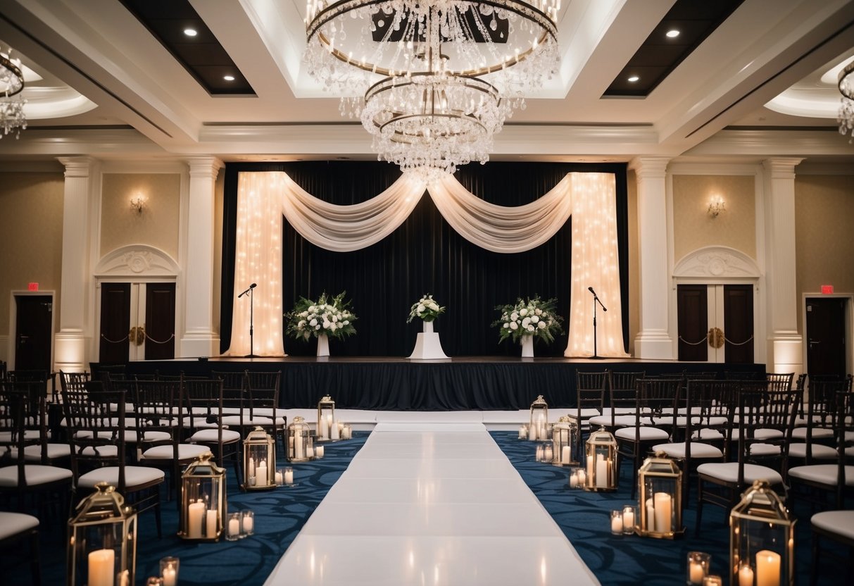 A grand wedding venue with a stage set for a performance, surrounded by twinkling lights and elegant decor