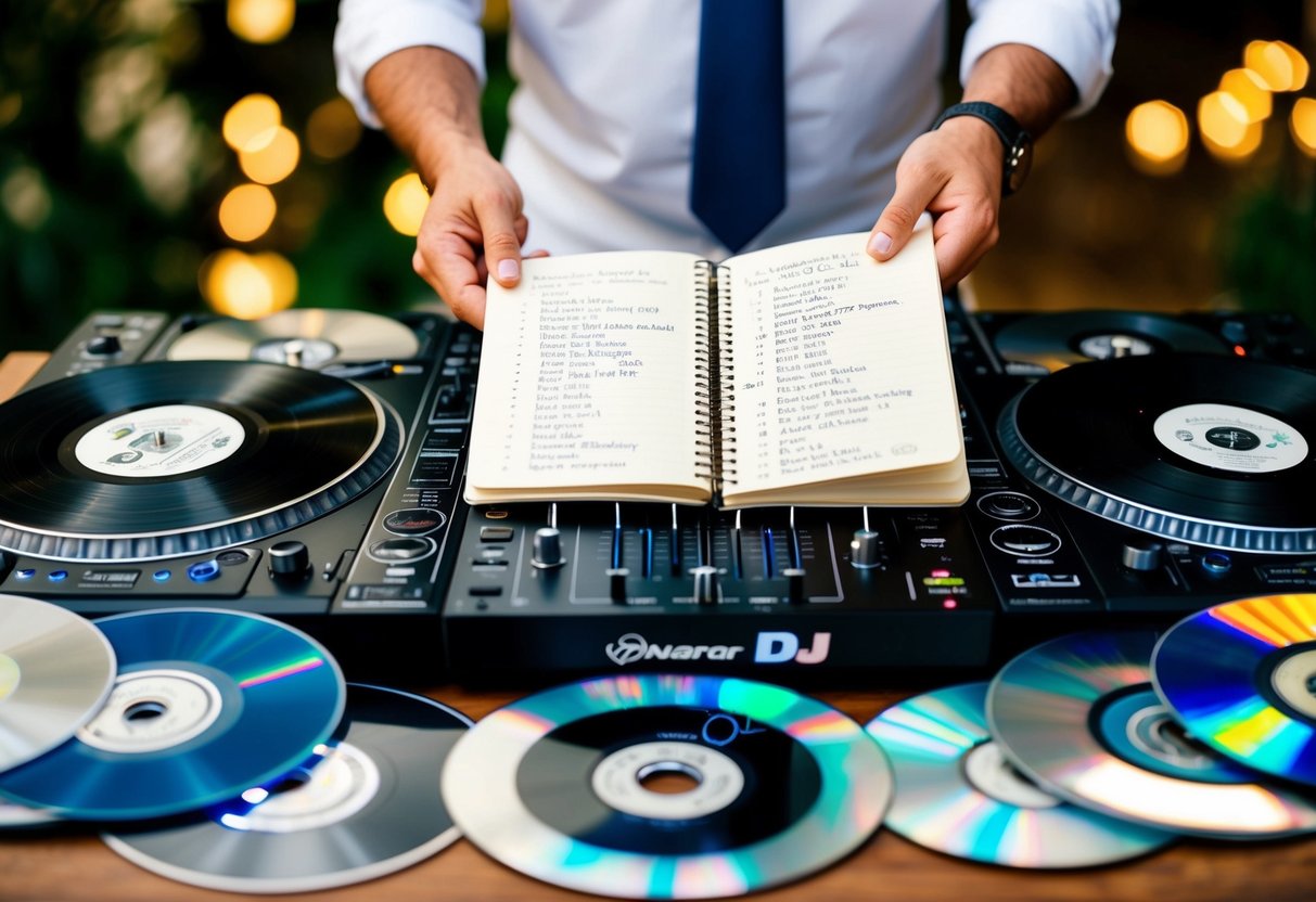 A wedding DJ surrounded by a variety of music records and CDs, with a notebook open to a list of requested songs