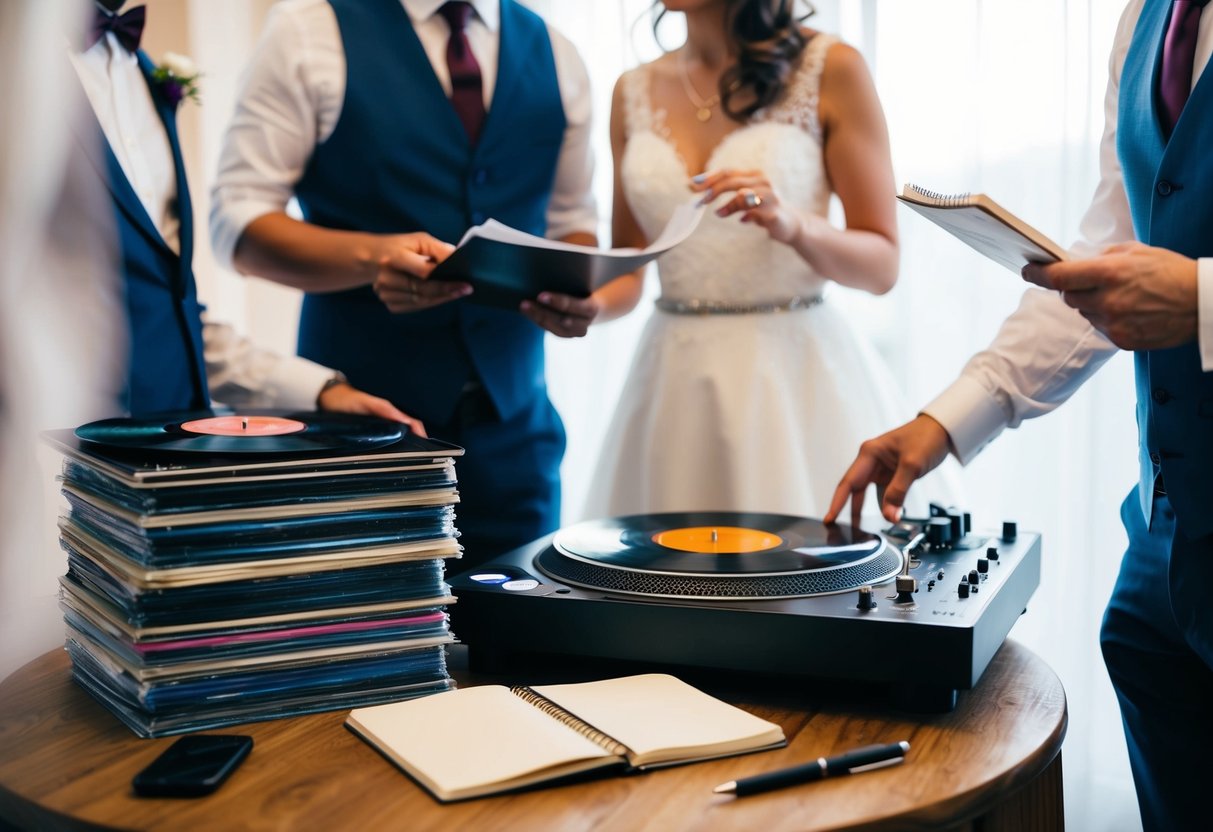 A wedding DJ surrounded by a stack of vinyl records, a notebook, and a pen, while a couple discusses their song preferences with them