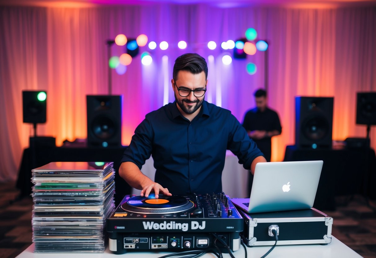 A wedding DJ surrounded by a stack of vinyl records, a laptop, and a mixing board, with colorful lights illuminating the room