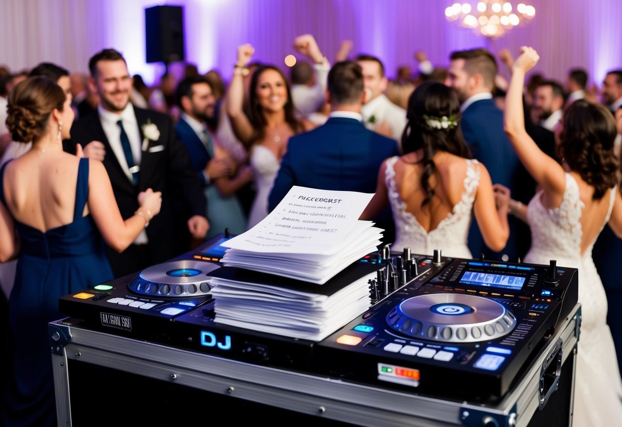 A DJ booth with a stack of paper filled with song requests, surrounded by a crowd of dancing wedding guests