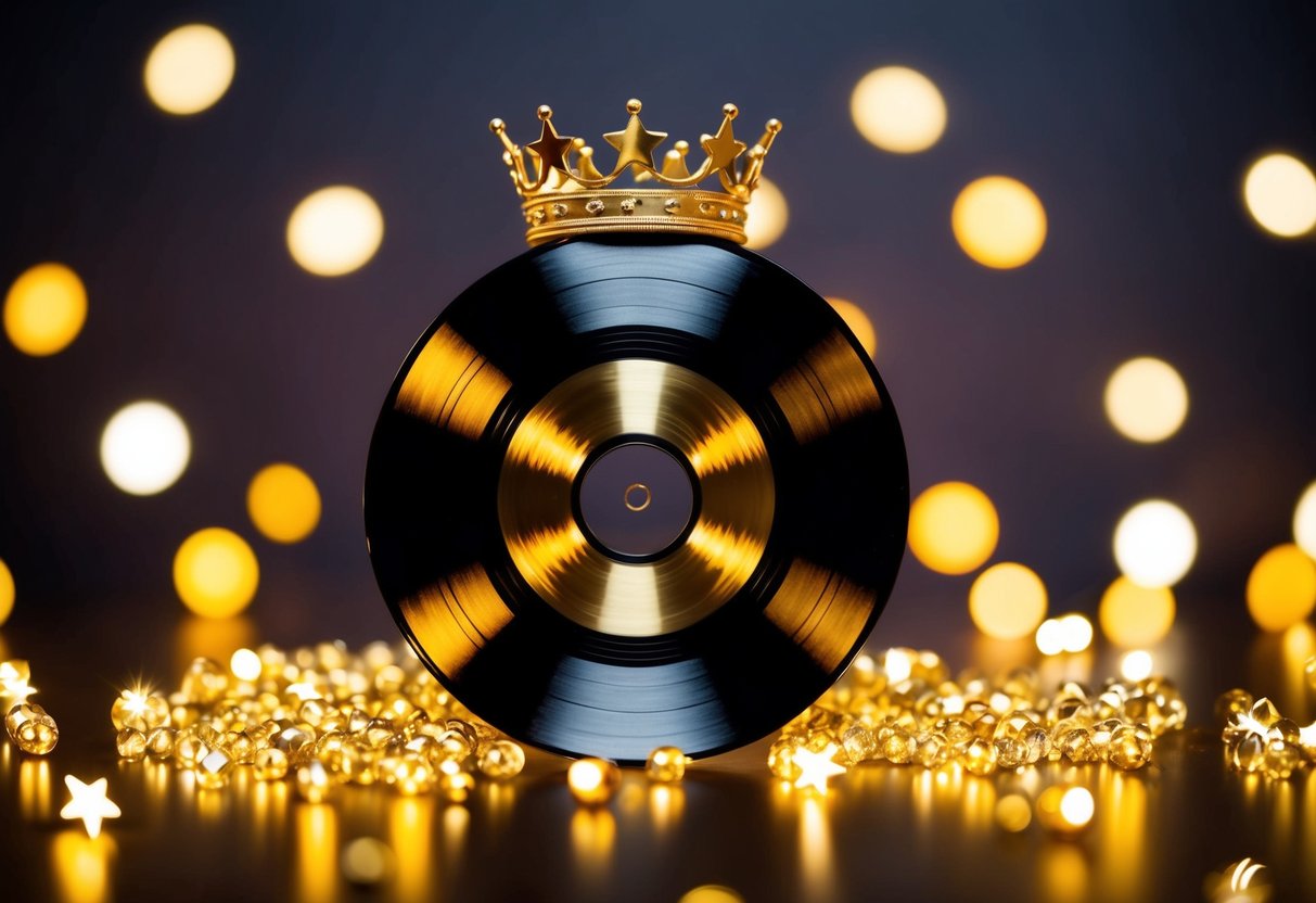 A golden record with a crown surrounded by shining stars